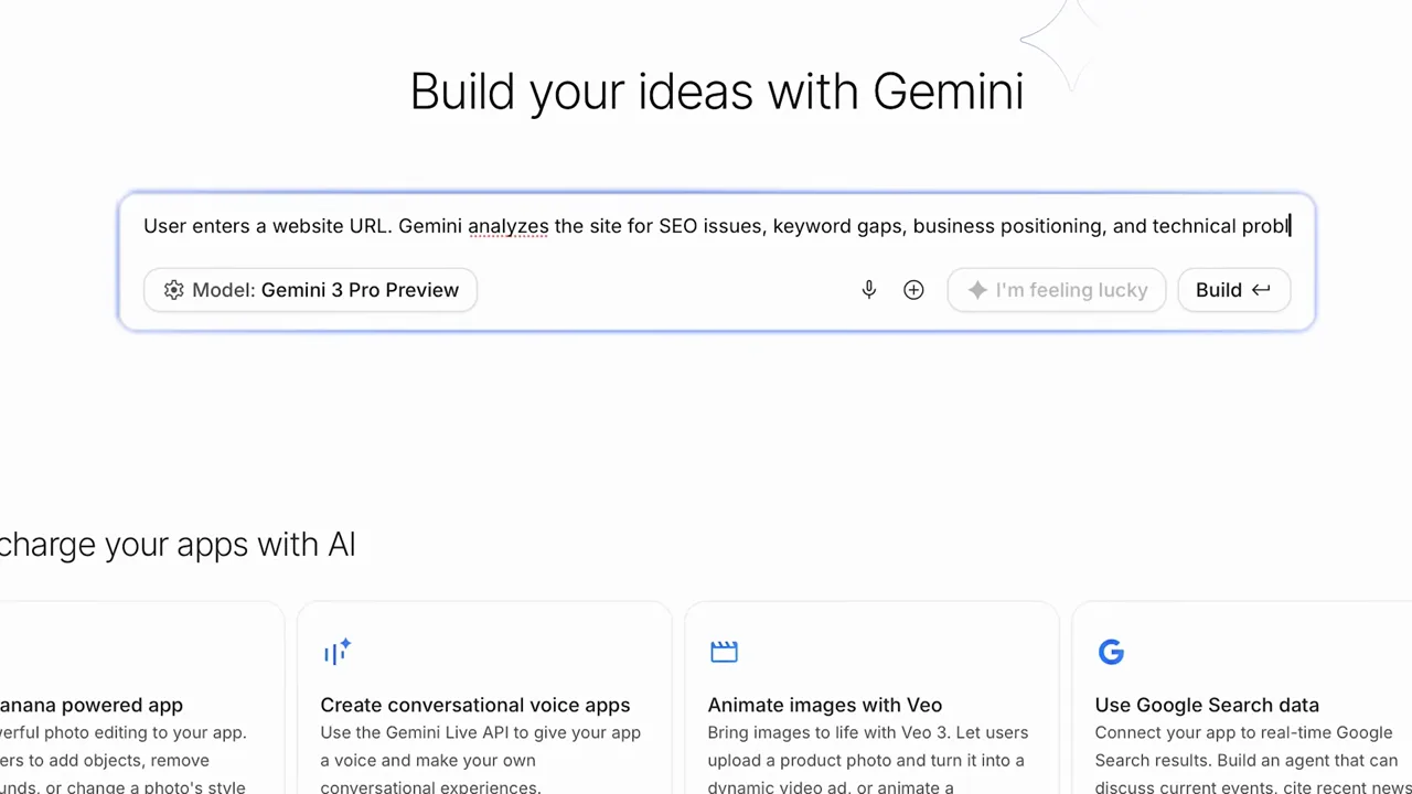 AI Studio的Build页面显示描述网址分析工具的提示词和Gemini 3 Pro Preview模型选择器 AI Studio的Build页面显示描述网址分析工具的提示词和Gemini 3 Pro Preview模型选择器