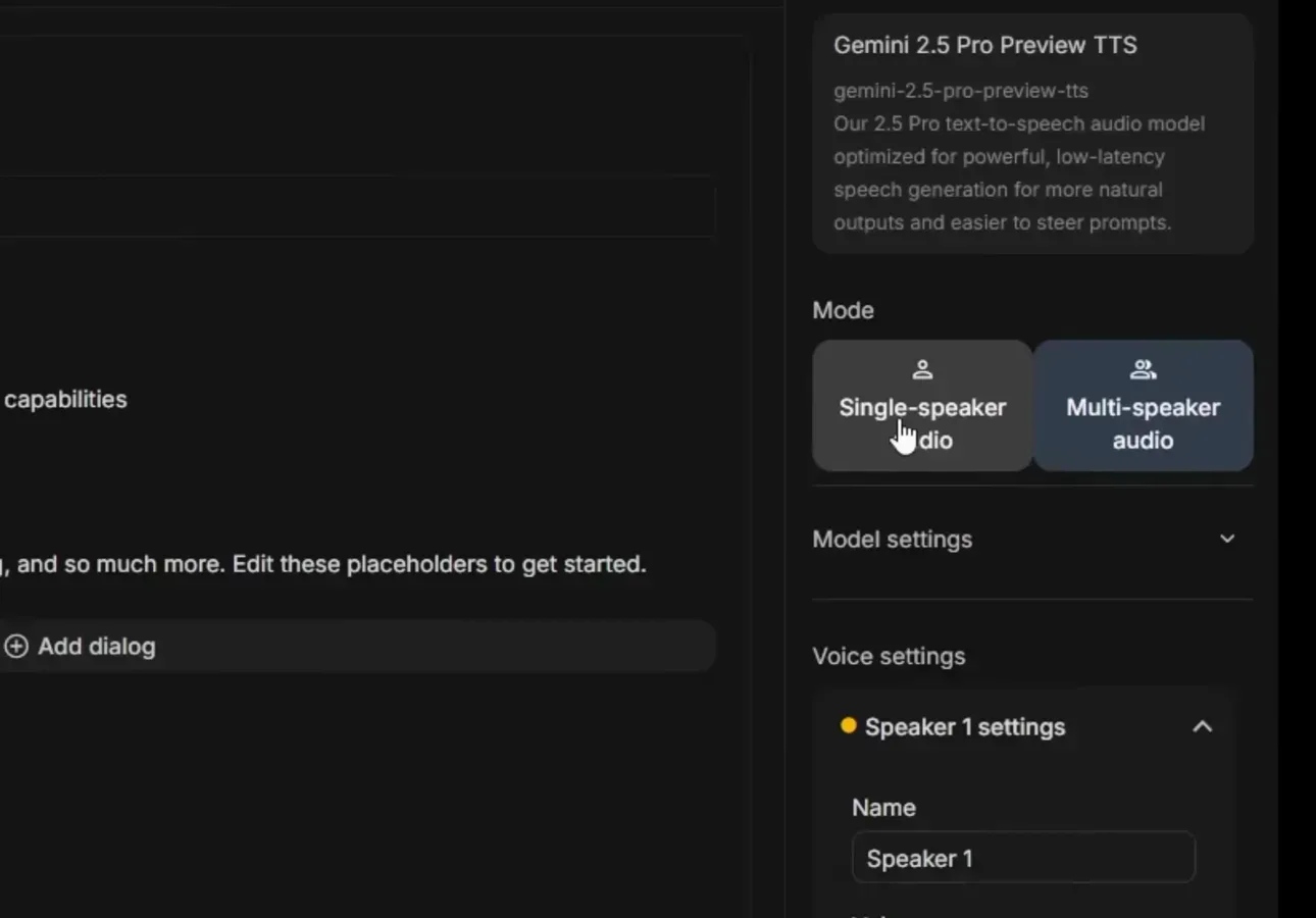 Google AI Studio 语音面板，选中单说话人音频模式并展开说话人设置