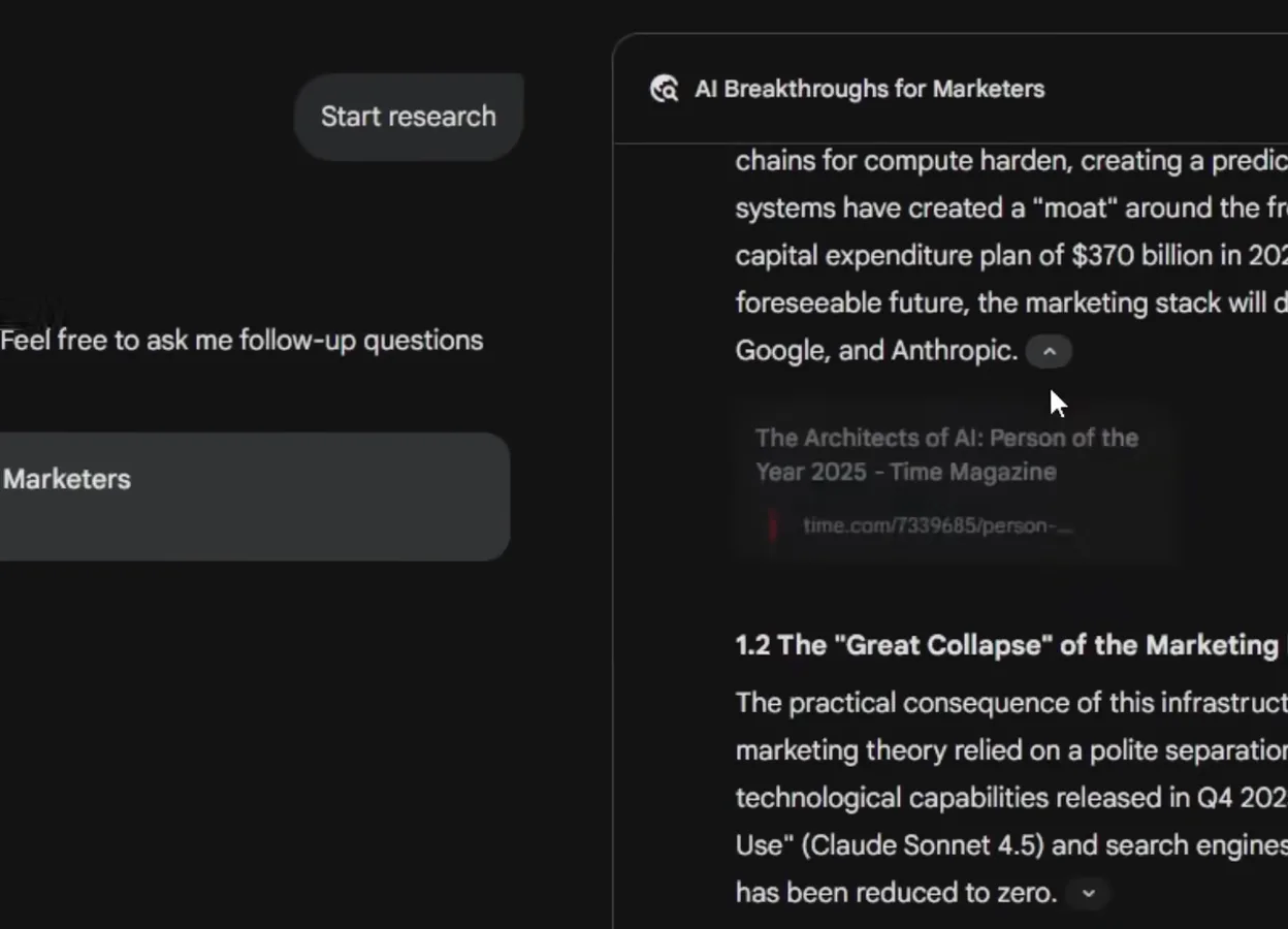 Gemini 3 深度研究报告页面，在报告中引用《时代》杂志文章作为来源