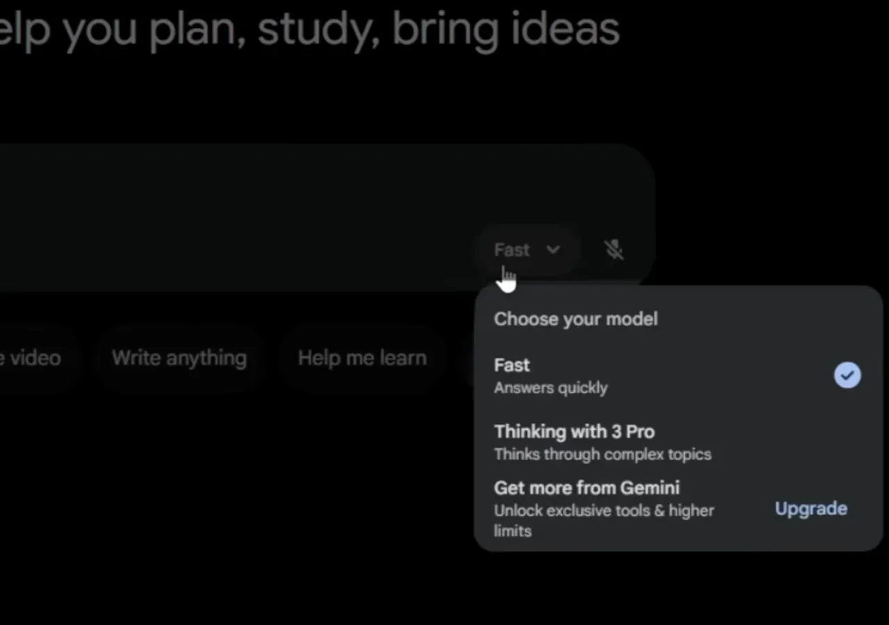Gemini 3 模型选择下拉菜单，展示 Fast 与 Thinking with 3 Pro 两个选项