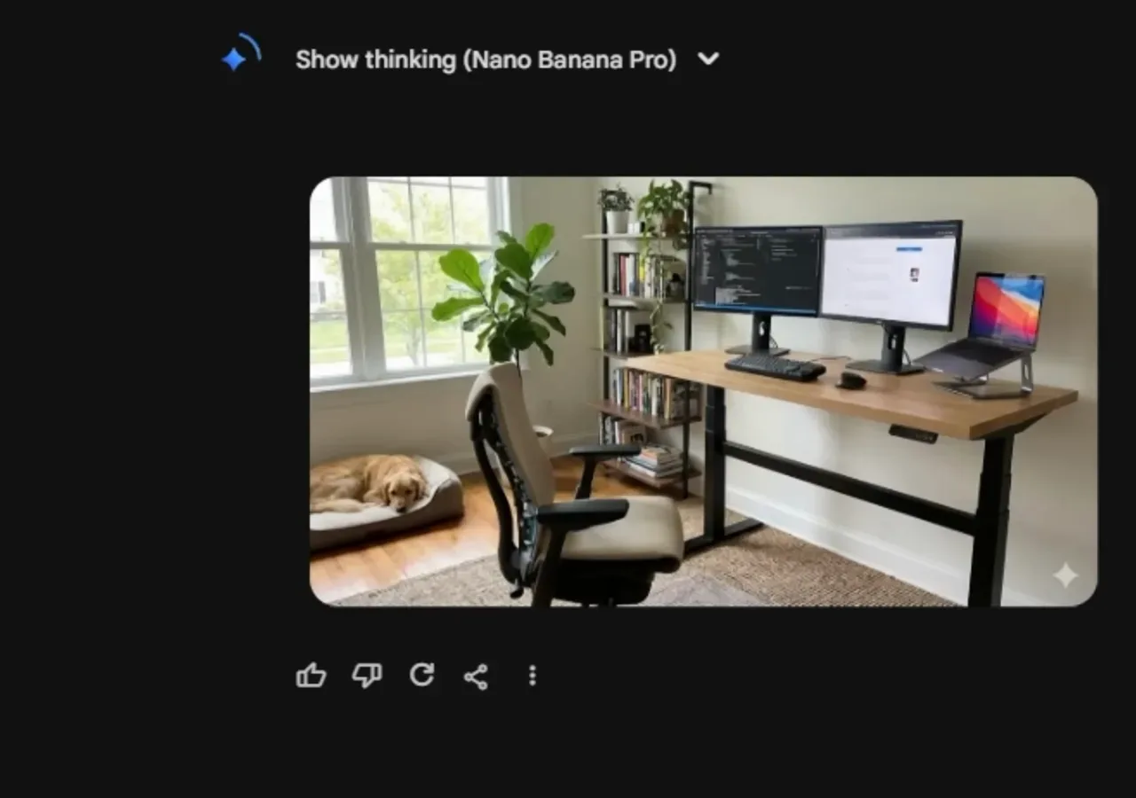 Gemini 3 Nano Banana Pro 生成的家庭办公室图片，画面中有站立式办公桌和显示器