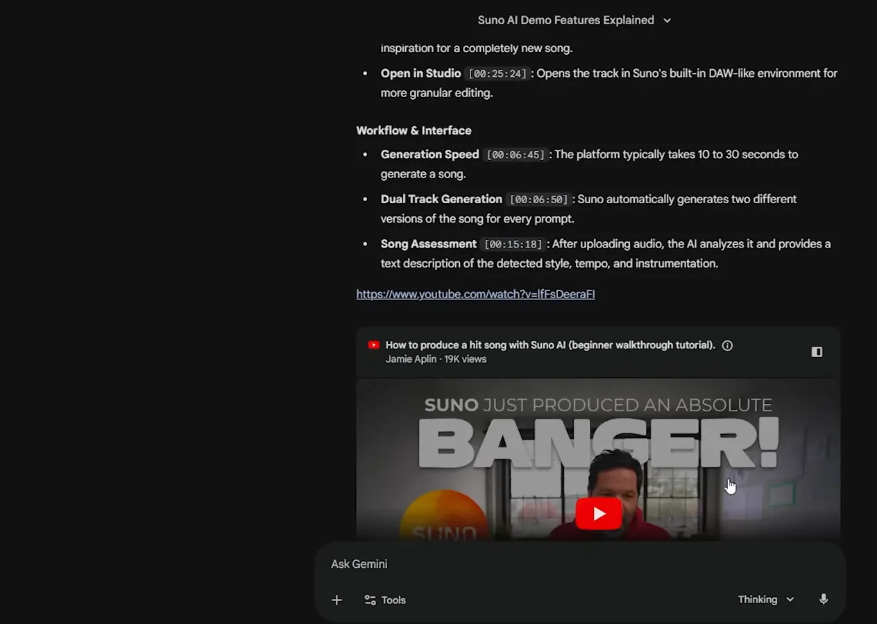 Gemini 3 将 YouTube 演示视频拆解为带时间戳的功能分类，并嵌入源视频