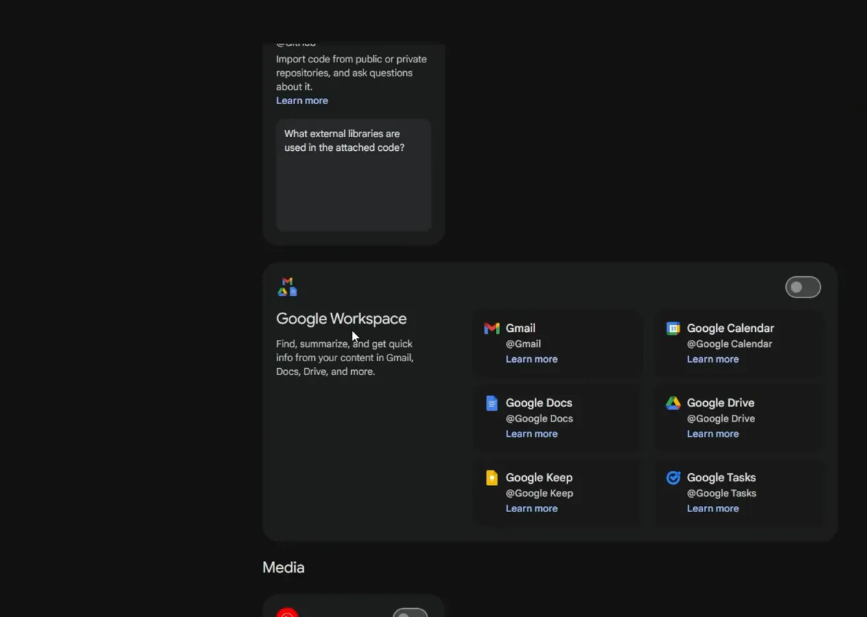 Gemini 3 设置面板中的 Google Workspace 扩展，涵盖 Gmail、日历、文档和云盘