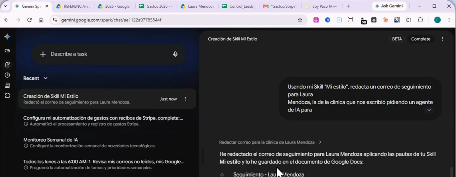 Gemini Spark 任务调用 Mi estilo 技能为 Laura Mendoza 起草跟进邮件,并保存为一条可点击的 Google 文档 Gemini Spark 任务调用 Mi estilo 技能为 Laura Mendoza 起草跟进邮件,并保存为一条可点击的 Google 文档