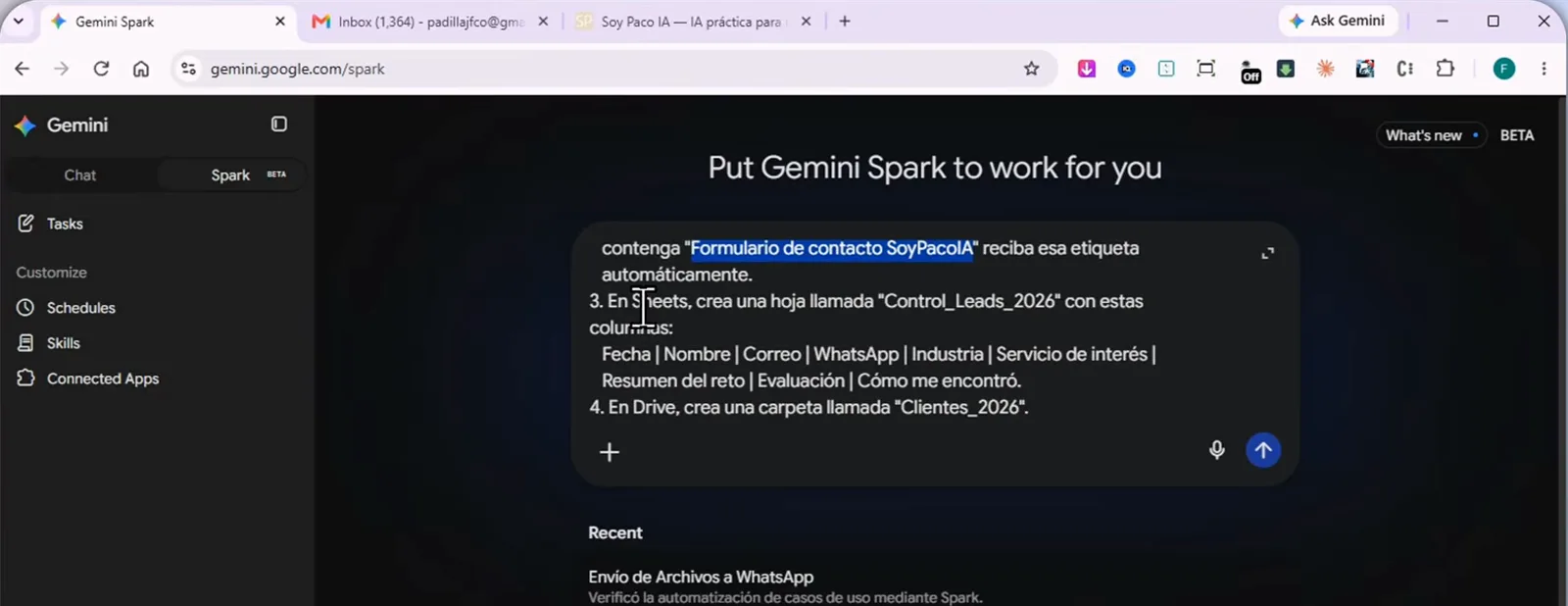 Gemini Spark 输入框里一段编号提示词，要求一次性建好 Gmail 线索标签、收件过滤器、Control_Leads_2026 表格和客户文件夹