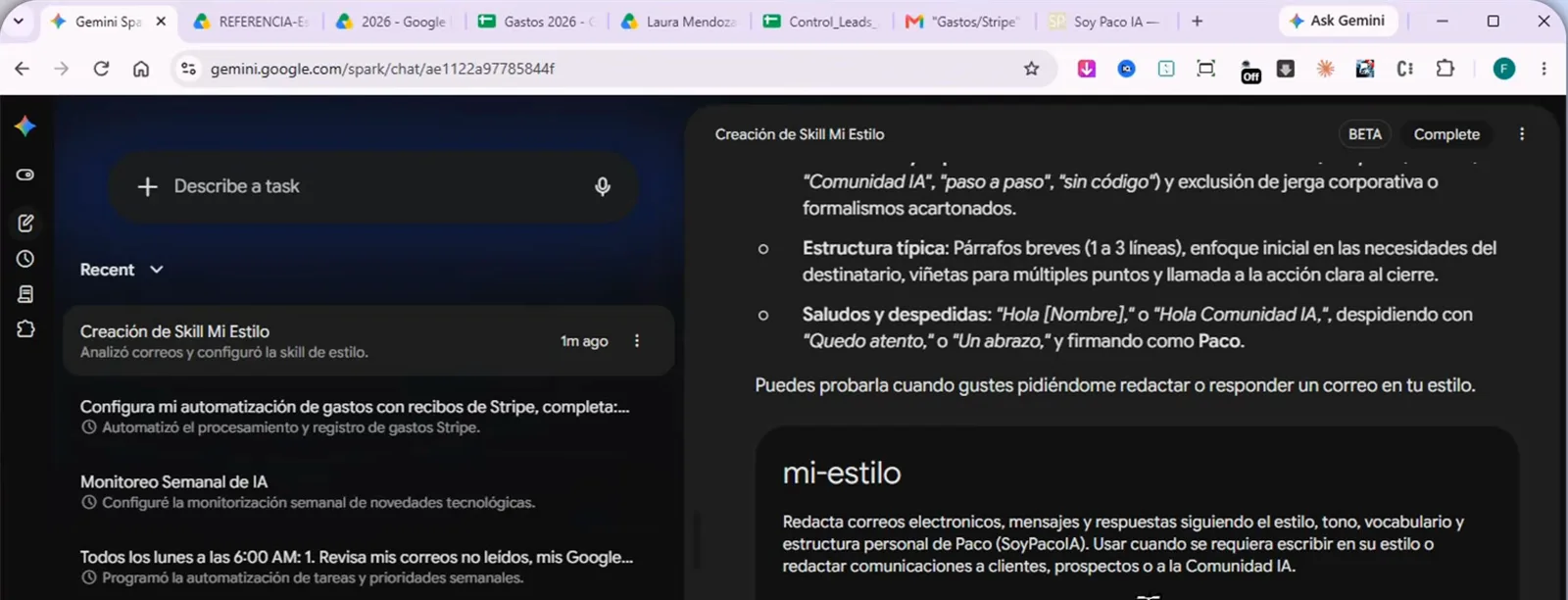 Gemini Spark 展示生成完毕的 mi-estilo 技能卡片,指令覆盖语气、词汇、结构和问候方式 Gemini Spark 展示生成完毕的 mi-estilo 技能卡片,指令覆盖语气、词汇、结构和问候方式