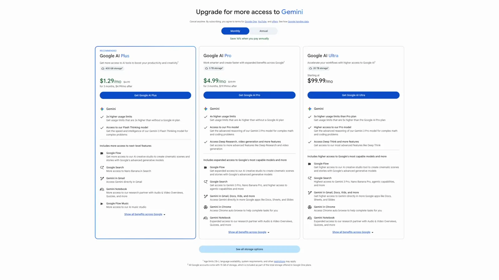 Google AI 套餐页对比 Plus、Pro、Ultra 三档，正是解锁 Gemini Spark 的订阅档位