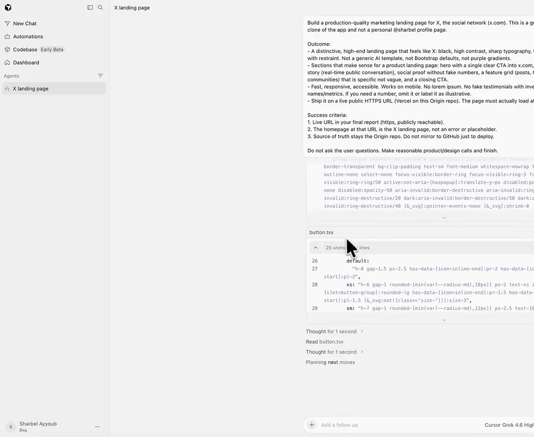 Grok Bot 建造机器人在 Cursor 里写好的落地页简报，含目标与成功标准