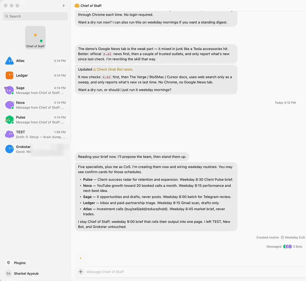 Grok Bot 幕僚长消息列出它刚创建的五位专员及各自的工作日排班