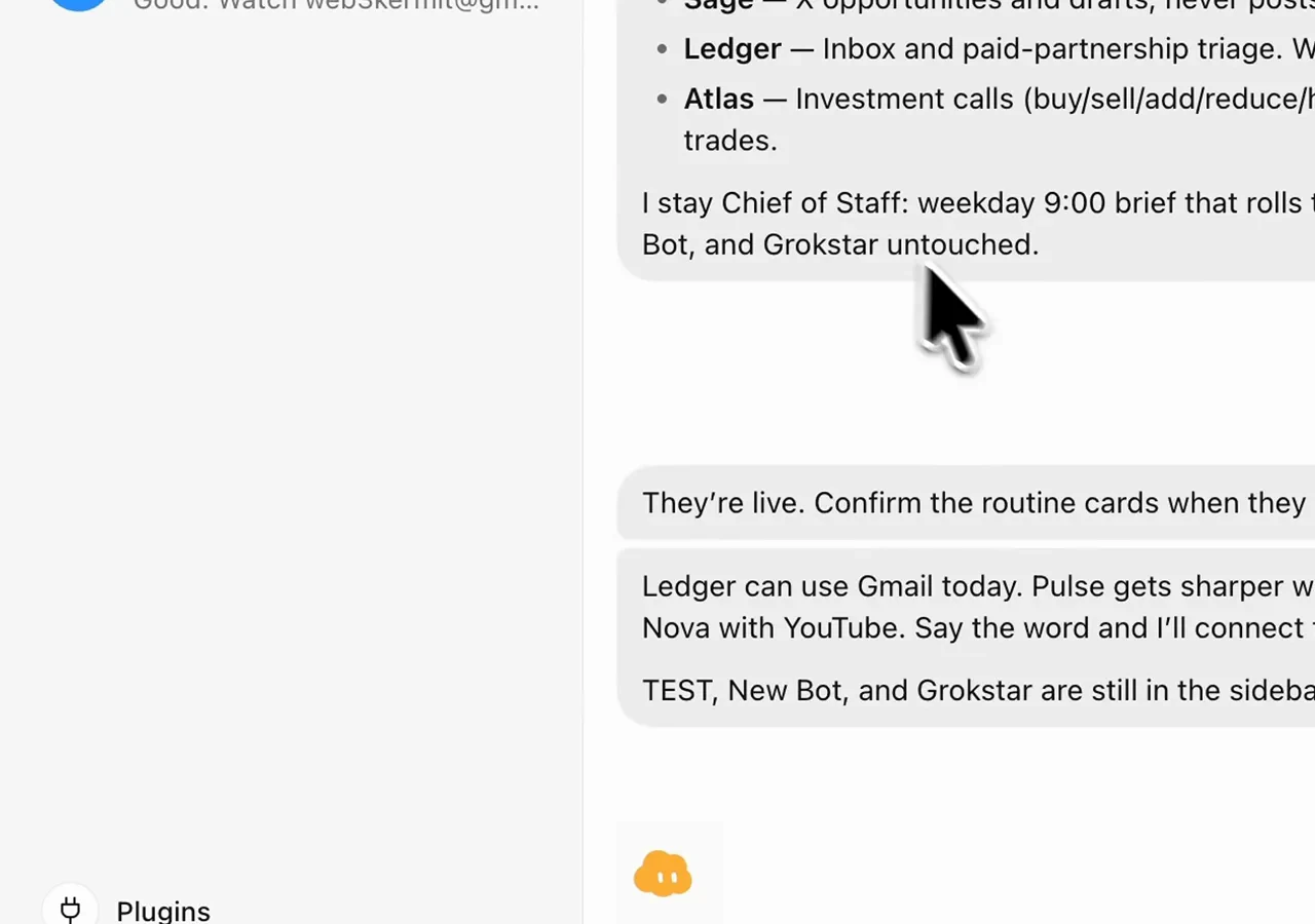 Grok Bot 里的连接更新消息：Ledger 今天就能用 Gmail，Nova 的 YouTube 权限排队中