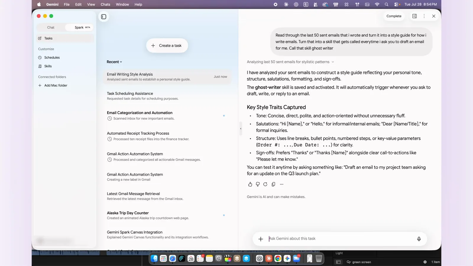 Gemini Spark 的 Ghost writer 技能总结：从已发邮件里提炼语气、称呼与落款