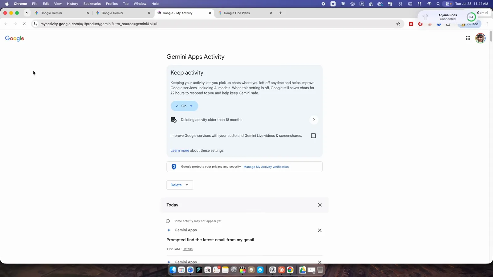 Gemini Apps Activity 页面显示 Keep activity 已开启，这是 Spark 任务运行的前提