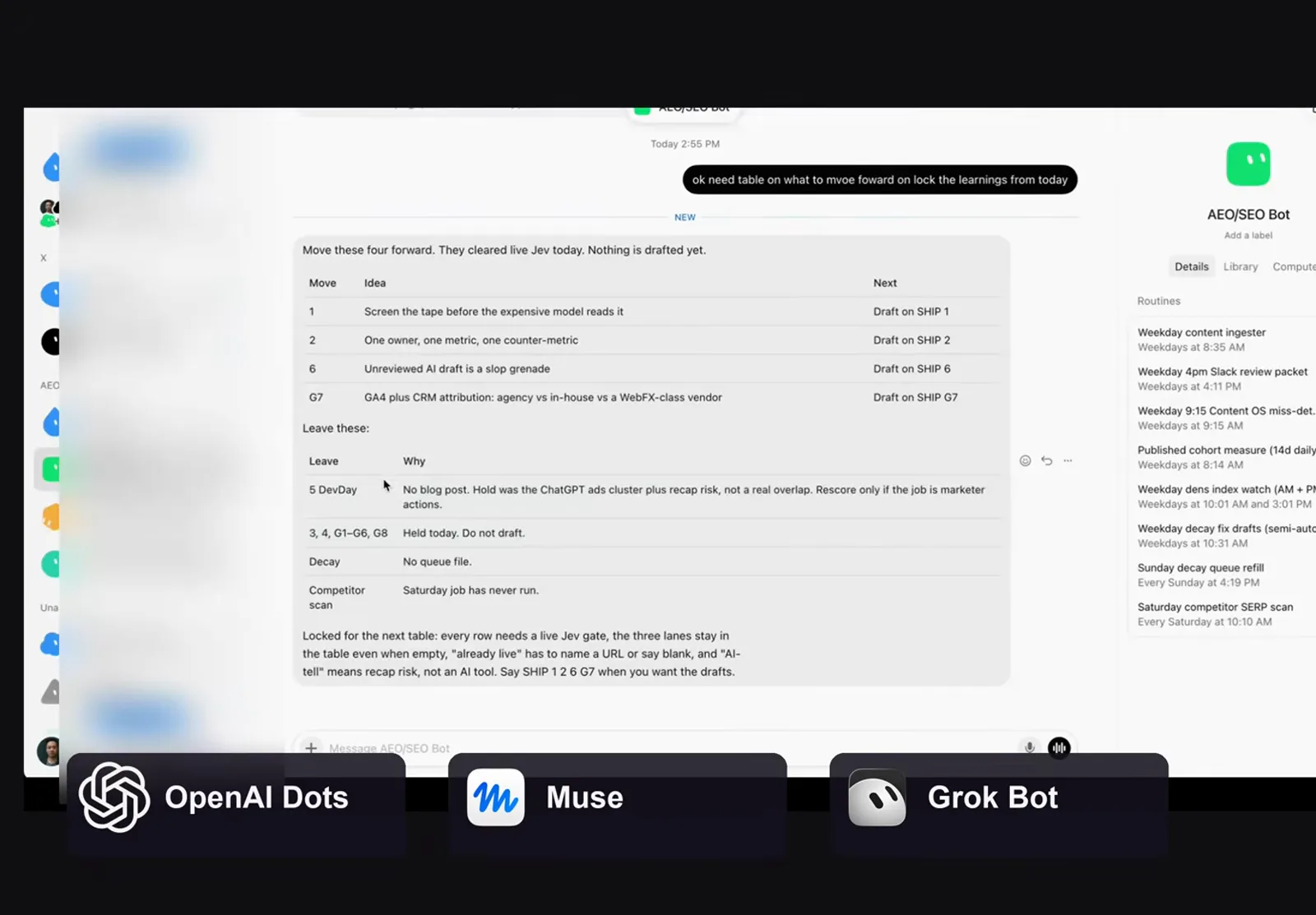 浏览器标签页同时摆着 OpenAI dots、Meta Muse 和 Grok Bot，下方是 Agent 对比实测画面