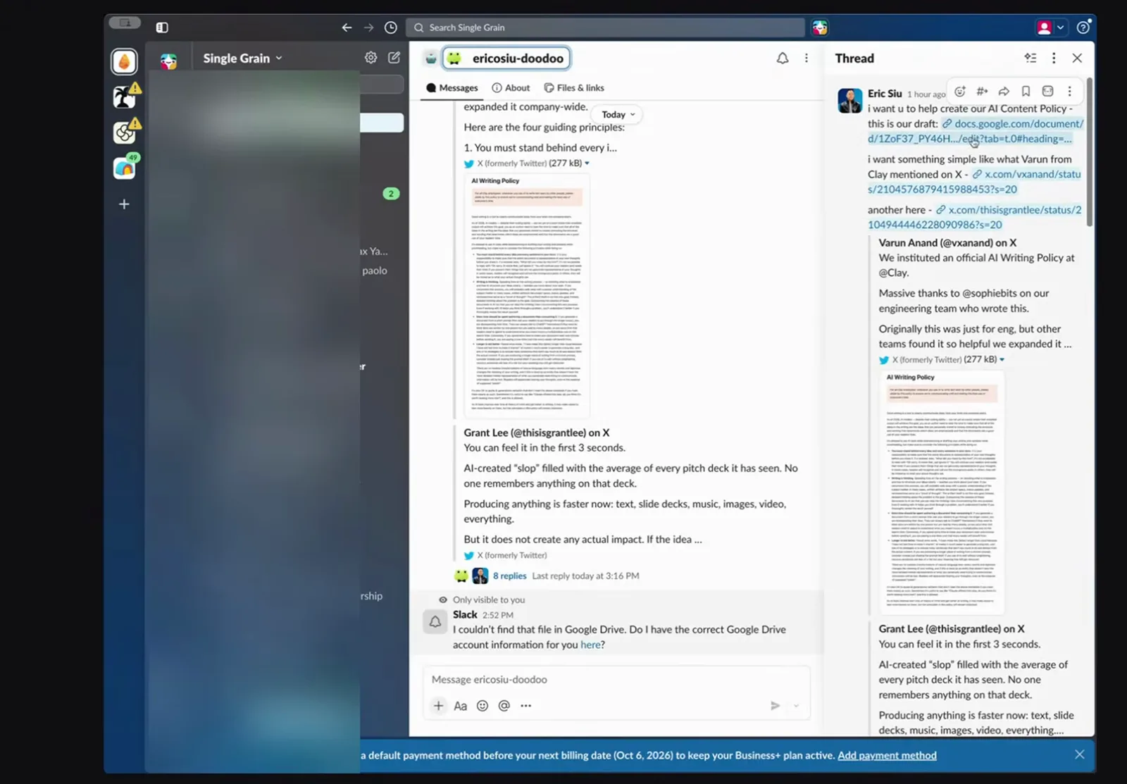 名为 ericosiu-doodoo 的 dot 在 Slack 私聊里回复，带文档链接并展开侧边会话