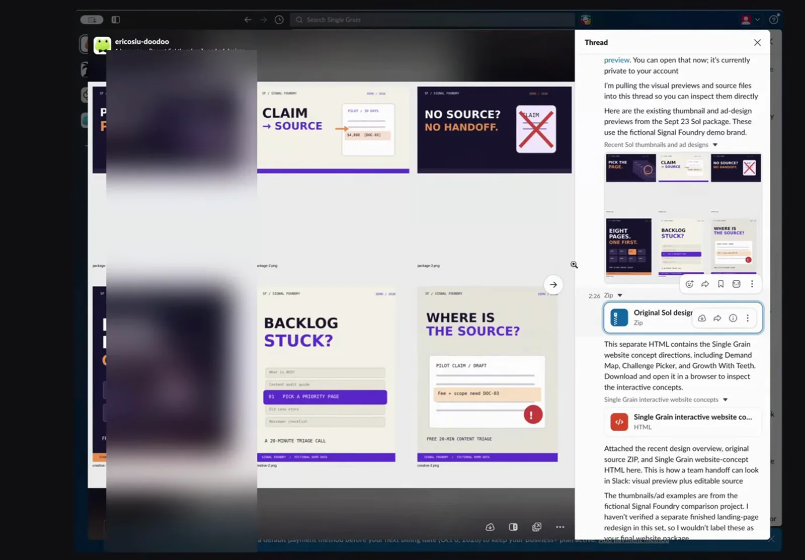 Codex 落地页草稿与 dot 会话并排，dot 正把工作打包准备经 Slack 交给设计团队