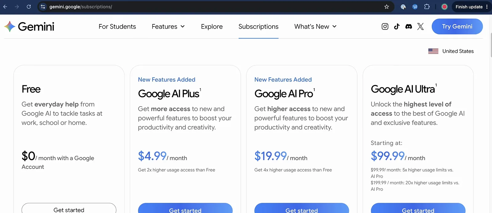 Google AI 套餐卡片并排对比免费档、4.99 美元的 AI Plus、19.99 美元的 AI Pro 和 99.99 美元起的 AI Ultra