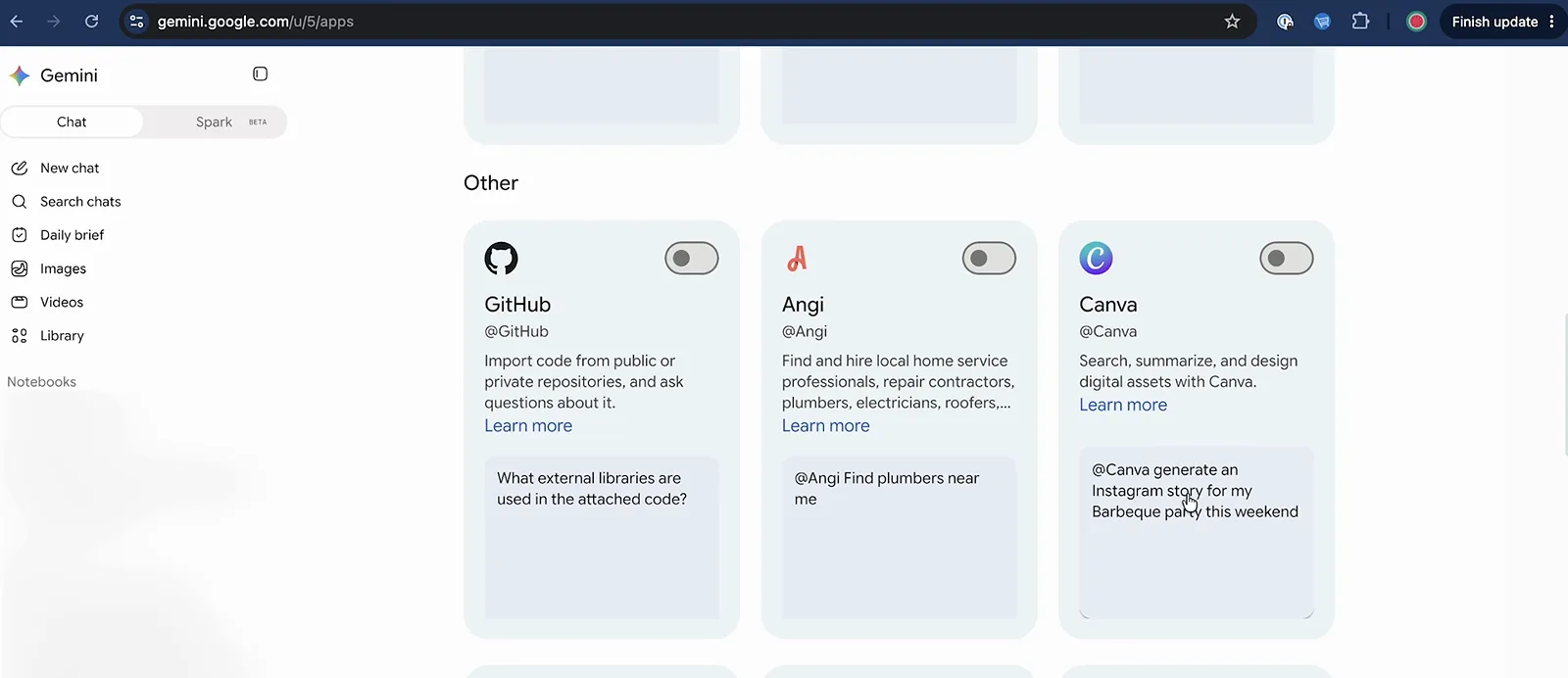 Gemini Spark 的 Connected Apps 卡片中 GitHub、Angi 和 Canva 等待为 Agent 打开开关
