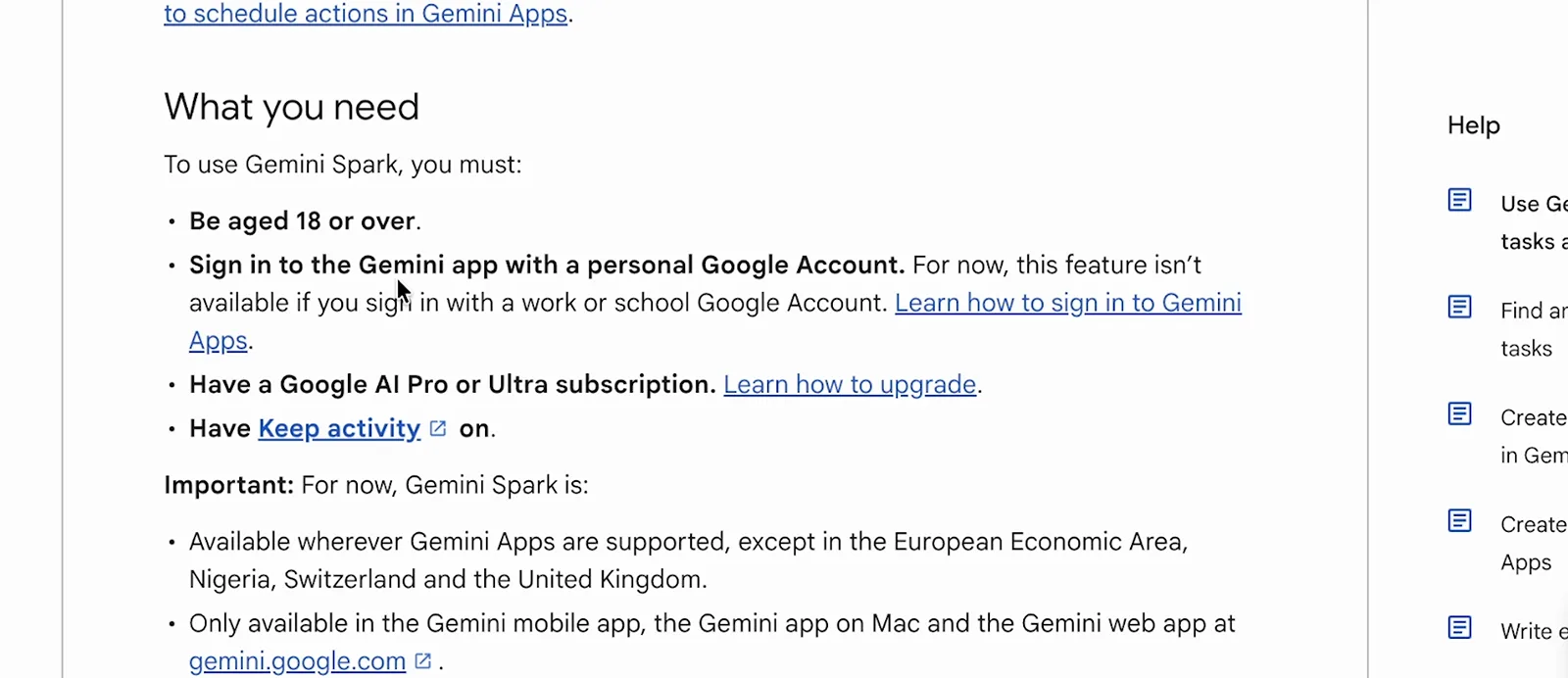 Google Gemini Spark 帮助页列出年满 18 岁、个人 Google 账号和 AI Pro 或 Ultra 订阅三项要求