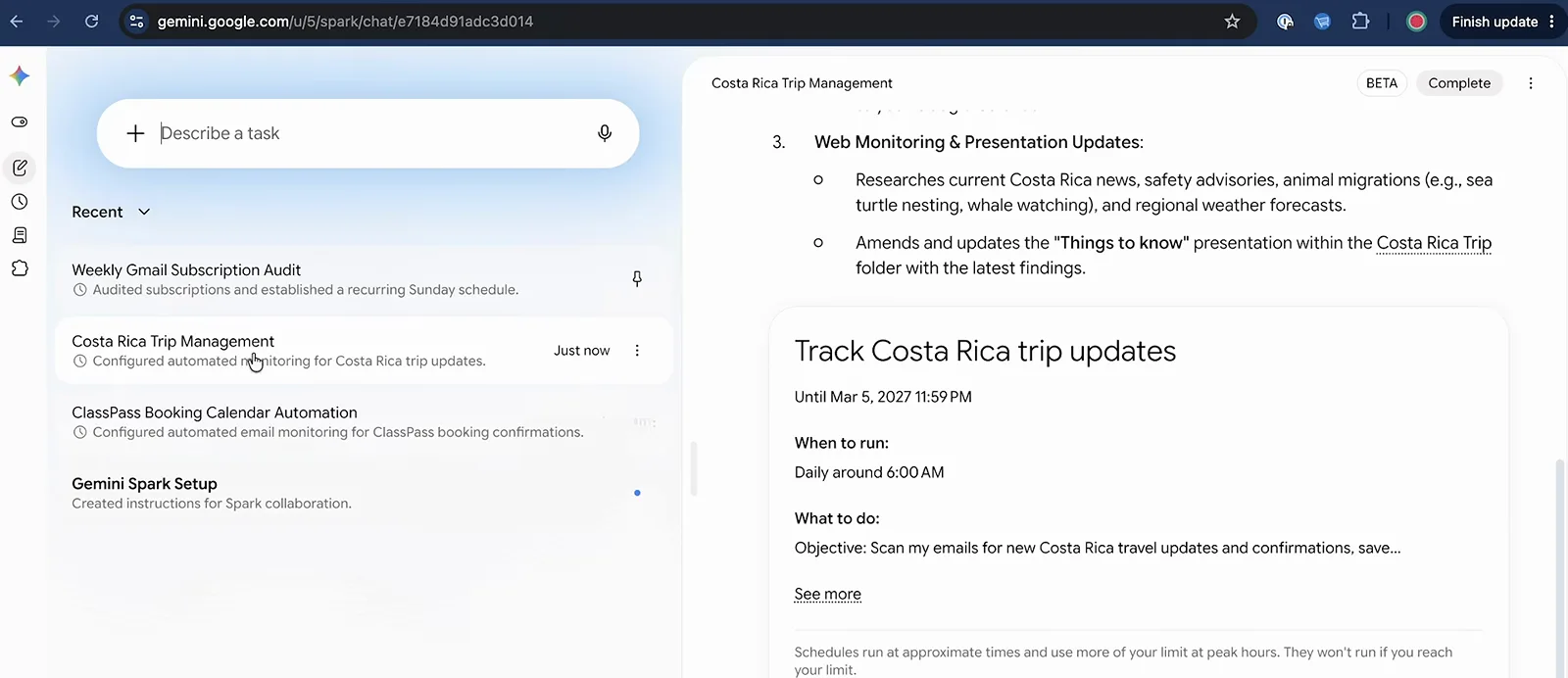 Gemini Spark 中 Track Costa Rica trip updates 例行任务，显示每天 6:00 AM 的运行窗口和扫描目标
