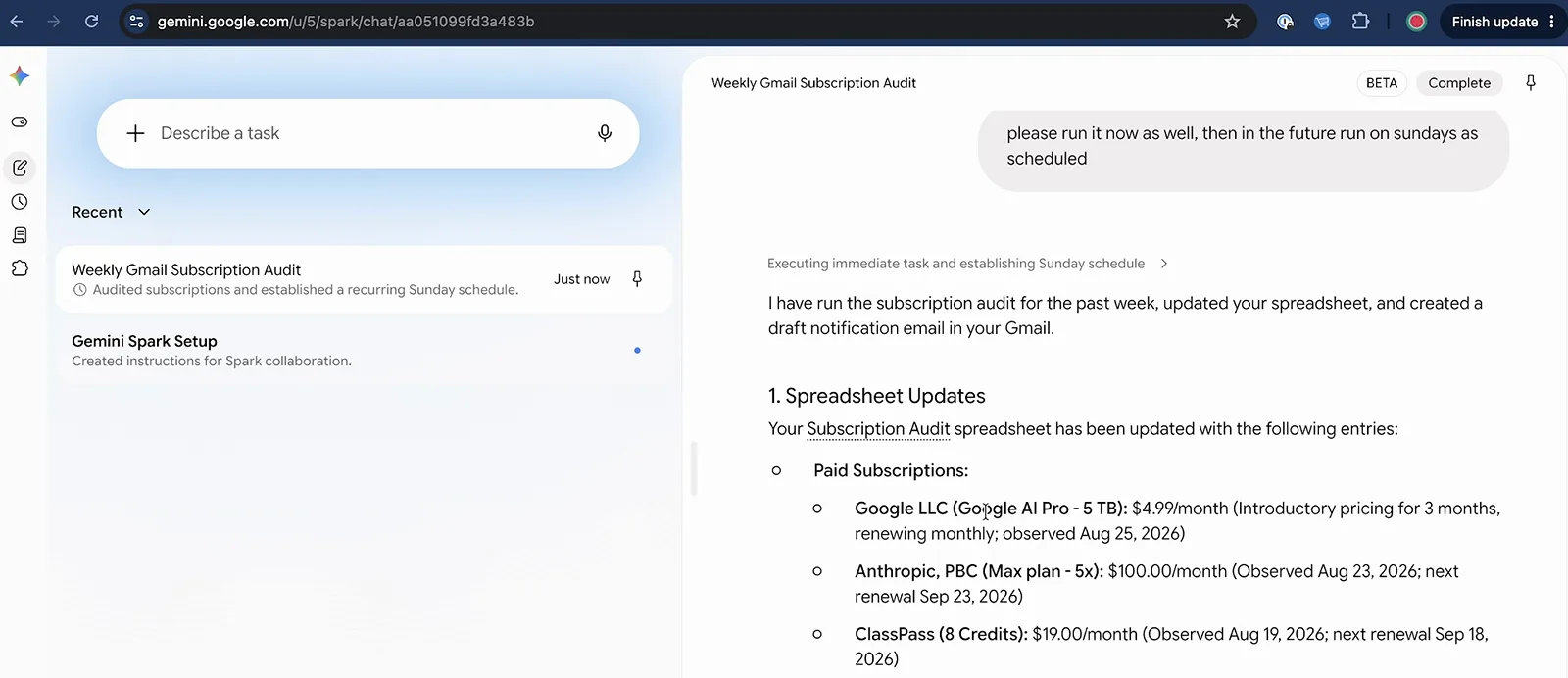 Gemini Spark 汇报完成的 Gmail 订阅审计，列出 Google AI Pro、Anthropic 和 ClassPass 的价格