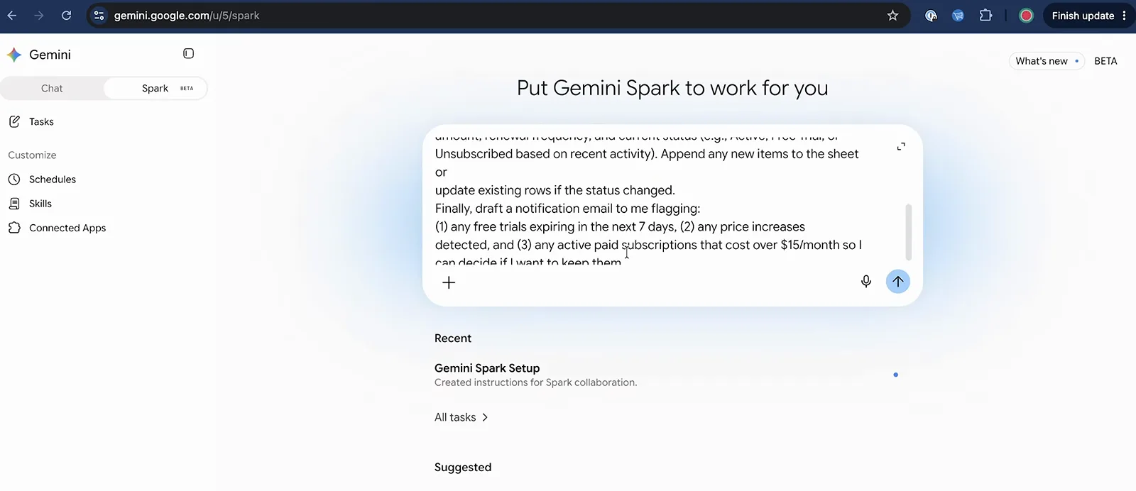 Gemini Spark 任务提示词安排每周日 8:00 AM 扫描 Gmail 订阅并写入 Google Sheet