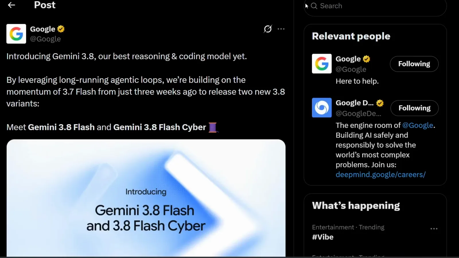 Google's post on X introducing Gemini 3.8 with an announcement card that reads Introducing Gemini 3.8 Flash and 3.8 Flash Cyber.