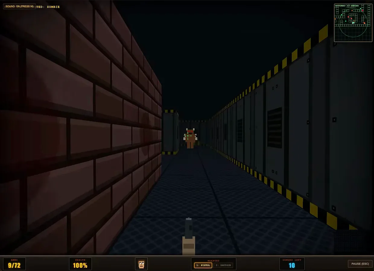 Doom-style first-person game built by Gemini 3.8 Flash in Google Antigravity showing a demon in a data-center corridor with an automap radar and an ammo and health HUD.