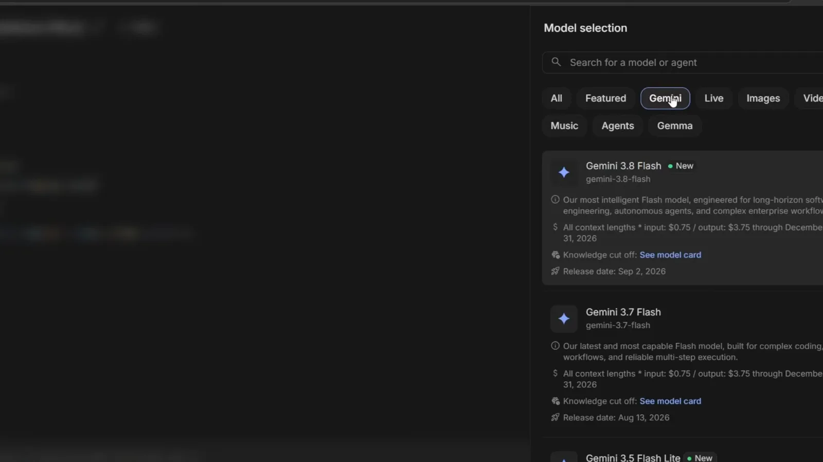 Google AI Studio model selection panel listing gemini-3.8-flash at $0.75 input and $3.75 output per million tokens through December 31, 2026 with a September 2 release date.