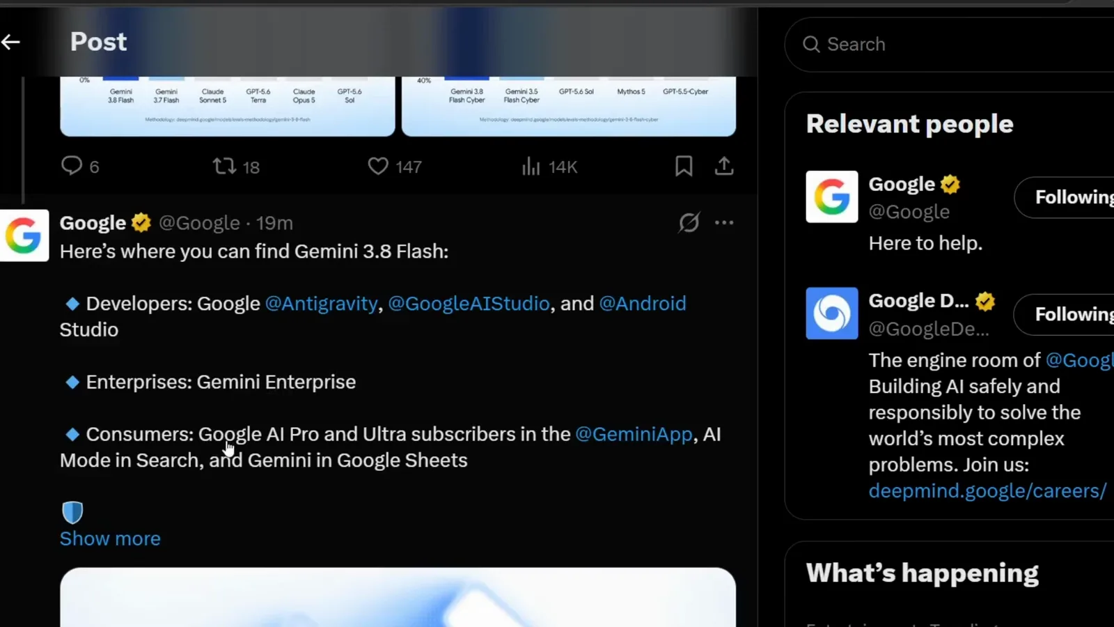 Google post on X listing where to find Gemini 3.8 Flash: Antigravity, Google AI Studio and Android Studio for developers, Gemini Enterprise, and AI Pro and Ultra plans in the Gemini app.