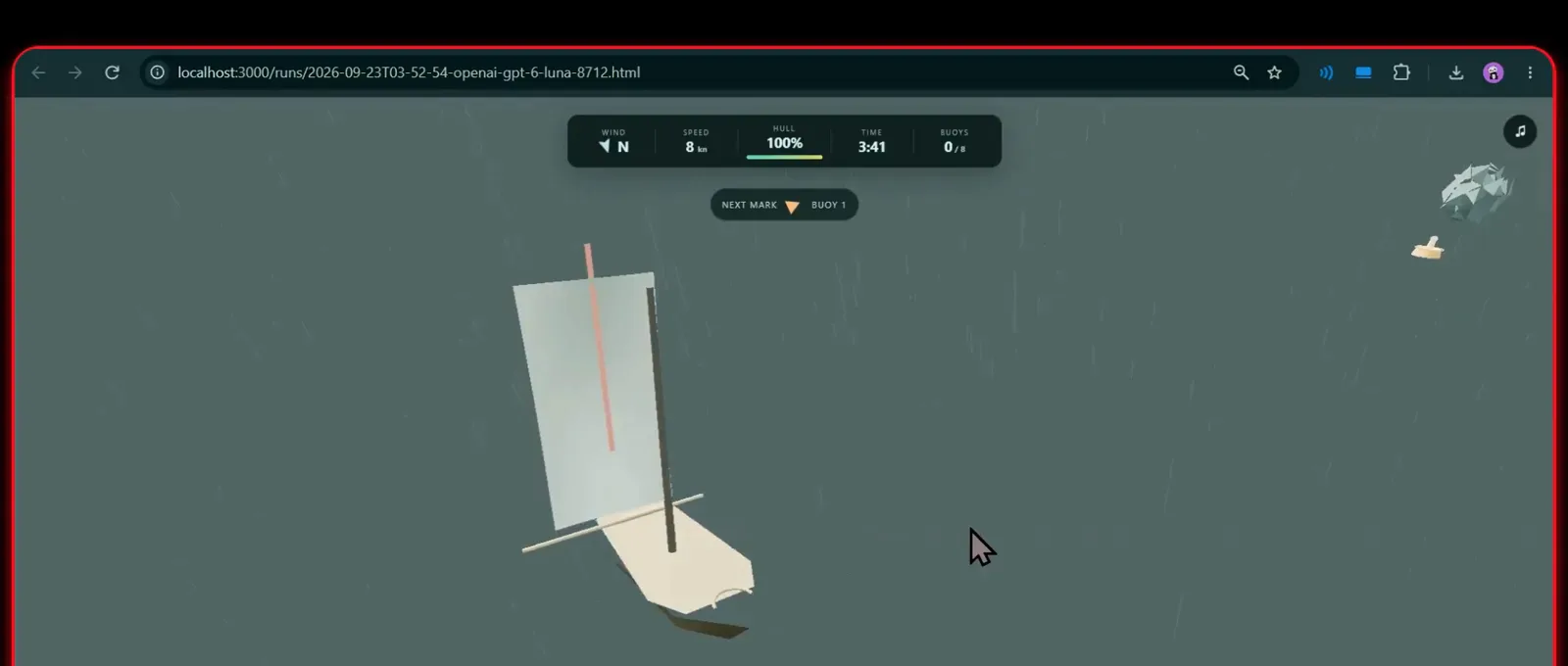 Flat gray ocean and bare HUD in GPT-6 Luna's attempt at the Storm Run sailing game, with no water texture