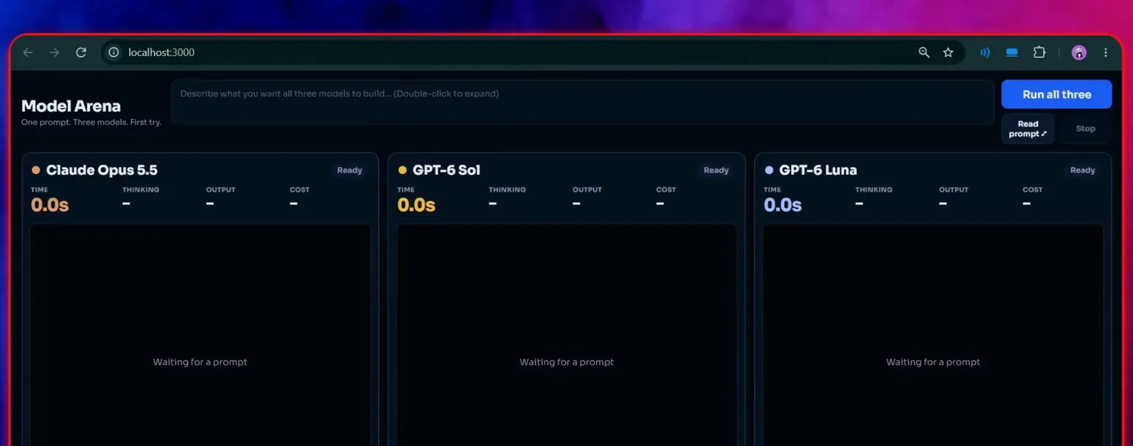 Model Arena dashboard with Claude Opus 5.5, GPT-6 Sol and GPT-6 Luna columns waiting for the first prompt