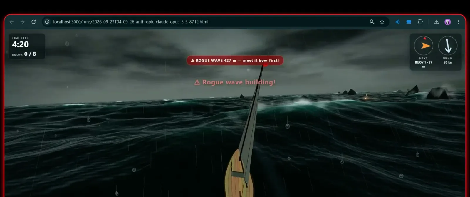Dark stormy ocean with a killer wave warning over the sailboat in Claude Opus 5.5's Storm Run build