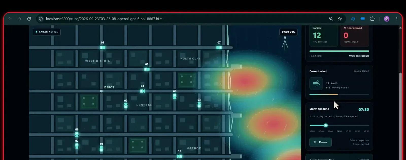 GPT-6 Sol storm dashboard with a red weather cell and trucks marked inside the storm zone ready to redirect