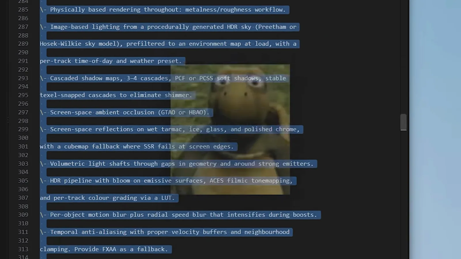 Codex shows a scrolling, multi-hundred-line project brief for a Mario Kart-style racing game with a reference image pinned beside the prompt.