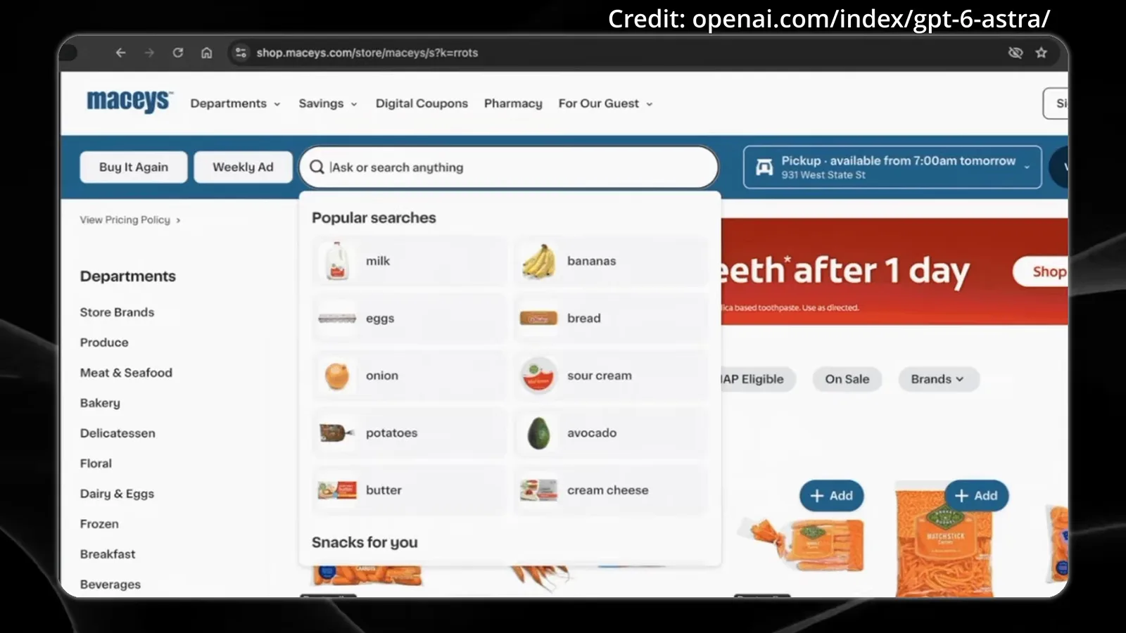 OpenAI's computer-use demo shows the Macy's grocery site with its popular-searches dropdown open while GPT-6 Astra shops for ingredients in a real browser.