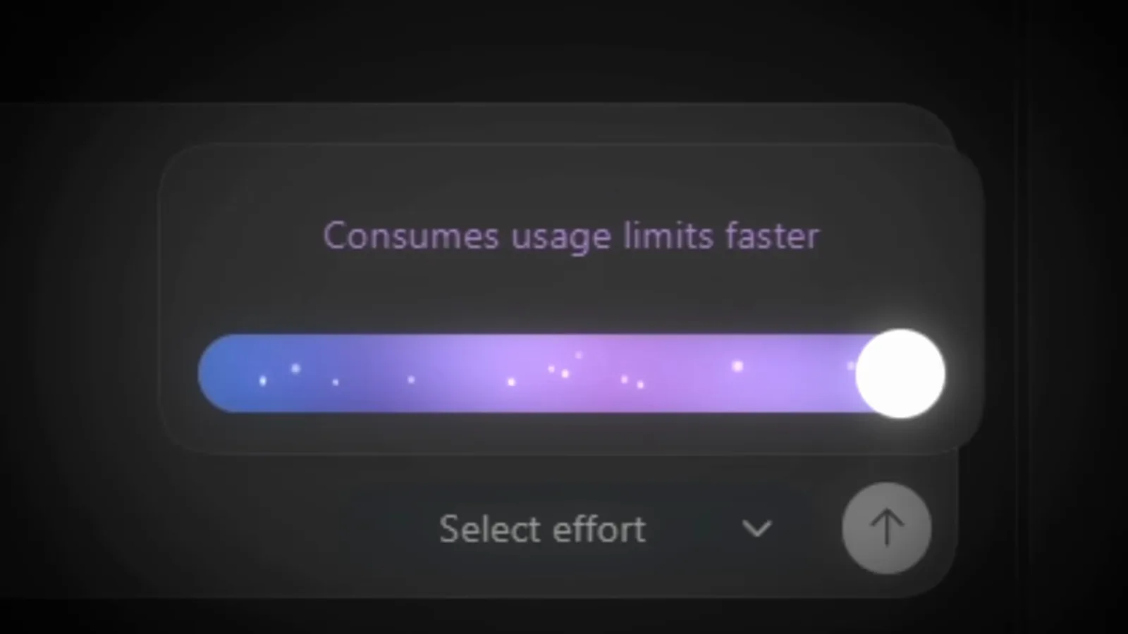 A chat coding tool shows its Select effort slider pushed to maximum beneath a warning that higher effort consumes usage limits faster.