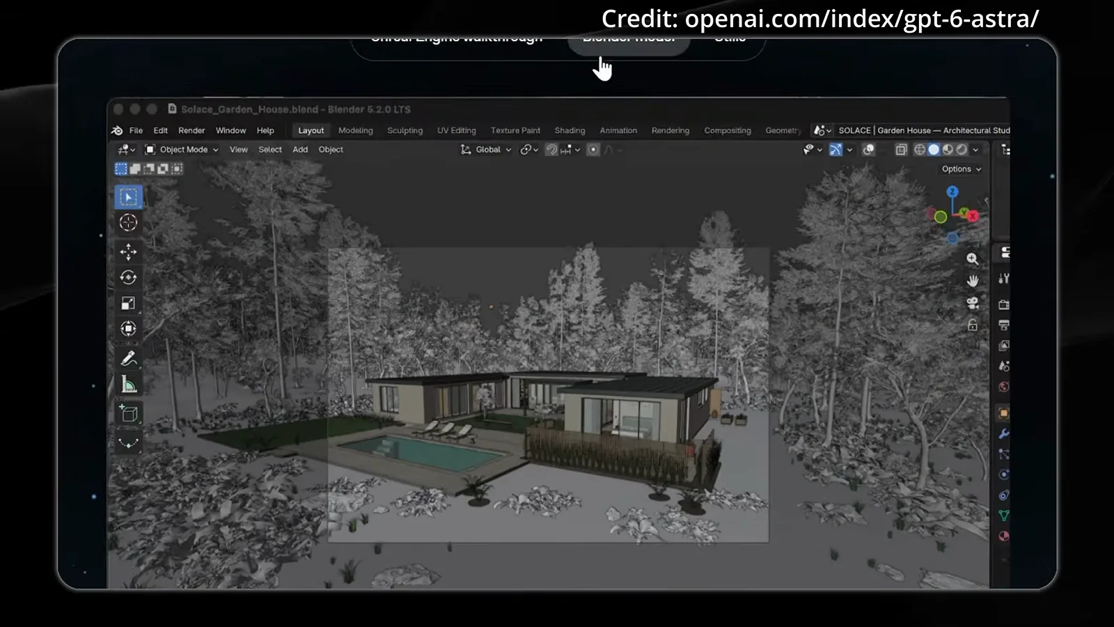 OpenAI's launch demo shows Blender's modeling workspace with a modern house and trees selected, ready to be turned into a walkable Unreal Engine scene.
