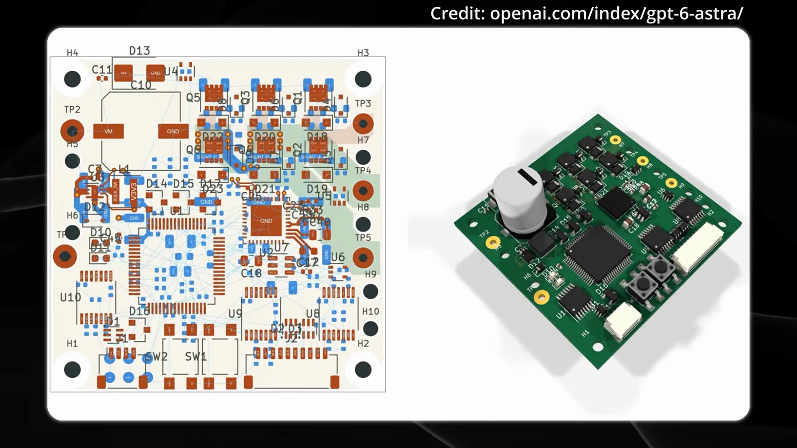OpenAI's launch demo shows KiCad with a routed PCB schematic on the left and the finished green circuit board rendered in 3D on the right.