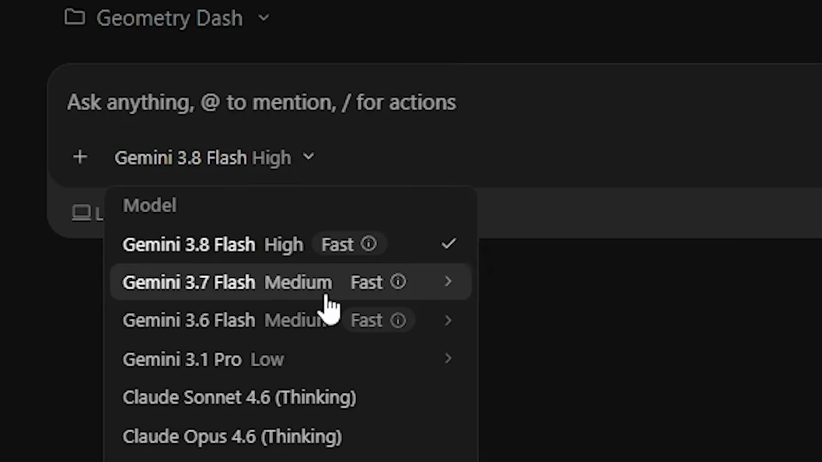 The Antigravity IDE shows its model dropdown open, listing Gemini 3.8 Flash High Fast as selected above Gemini 3.7 Flash, Gemini 3.1 Pro and two Claude models.