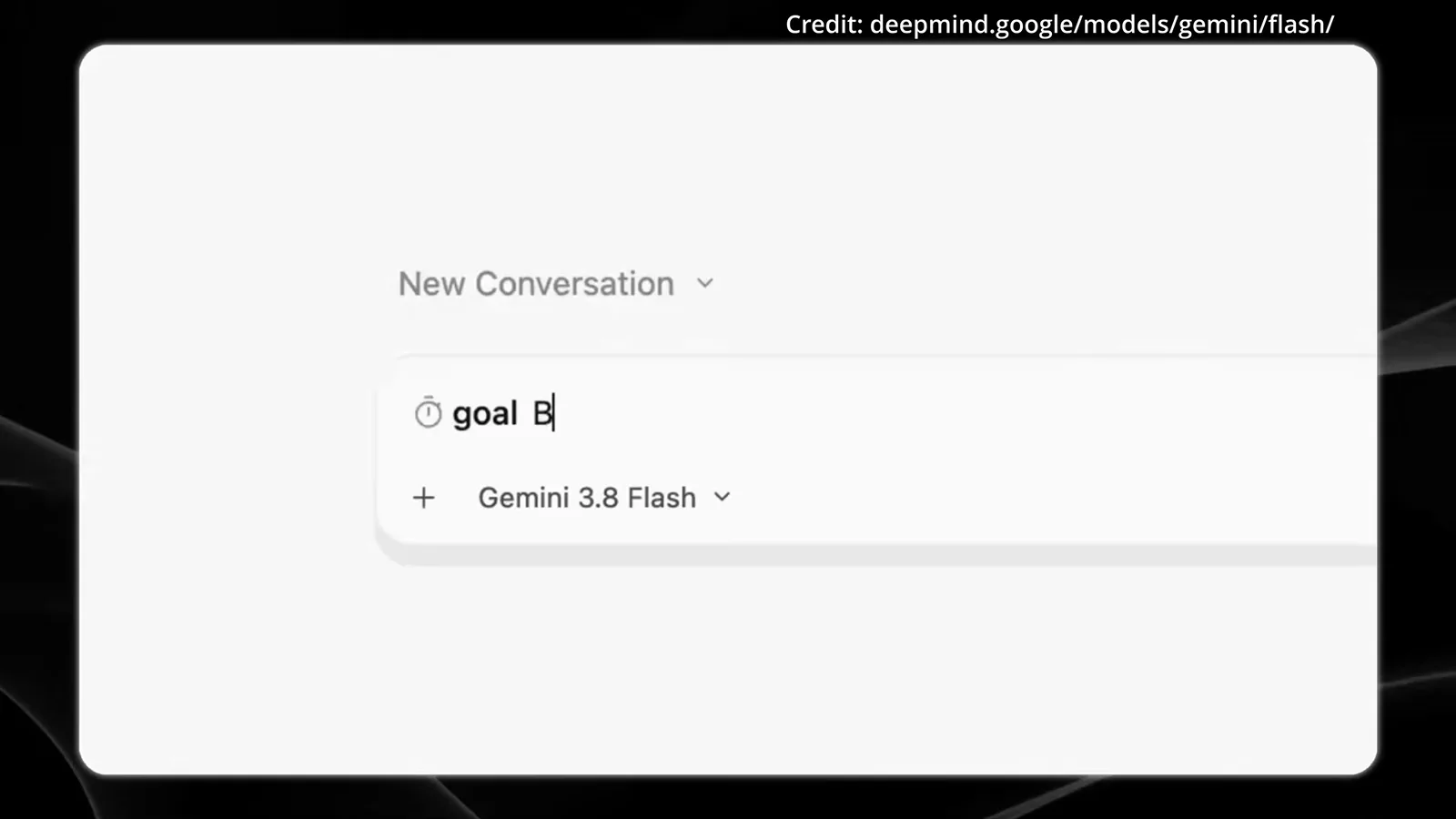 The Gemini app home screen shows a New Conversation composer with a goal prompt typed in and the model selector set to Gemini 3.8 Flash.