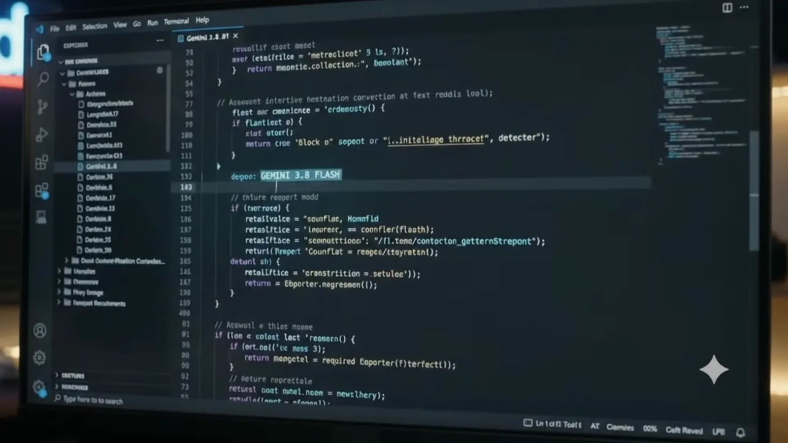 NasBuilds' coding demo shows VS Code editing a C++ game loop with the Gemini 3.8 Flash badge pinned in the editor tab area.