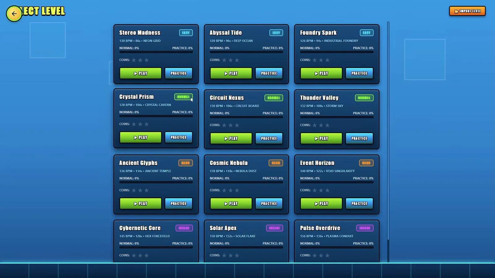 The finished Geometry Dash-style game shows its level-select grid with nine named stages such as Crystal Prism and Solar Apex, each with play and practice buttons.