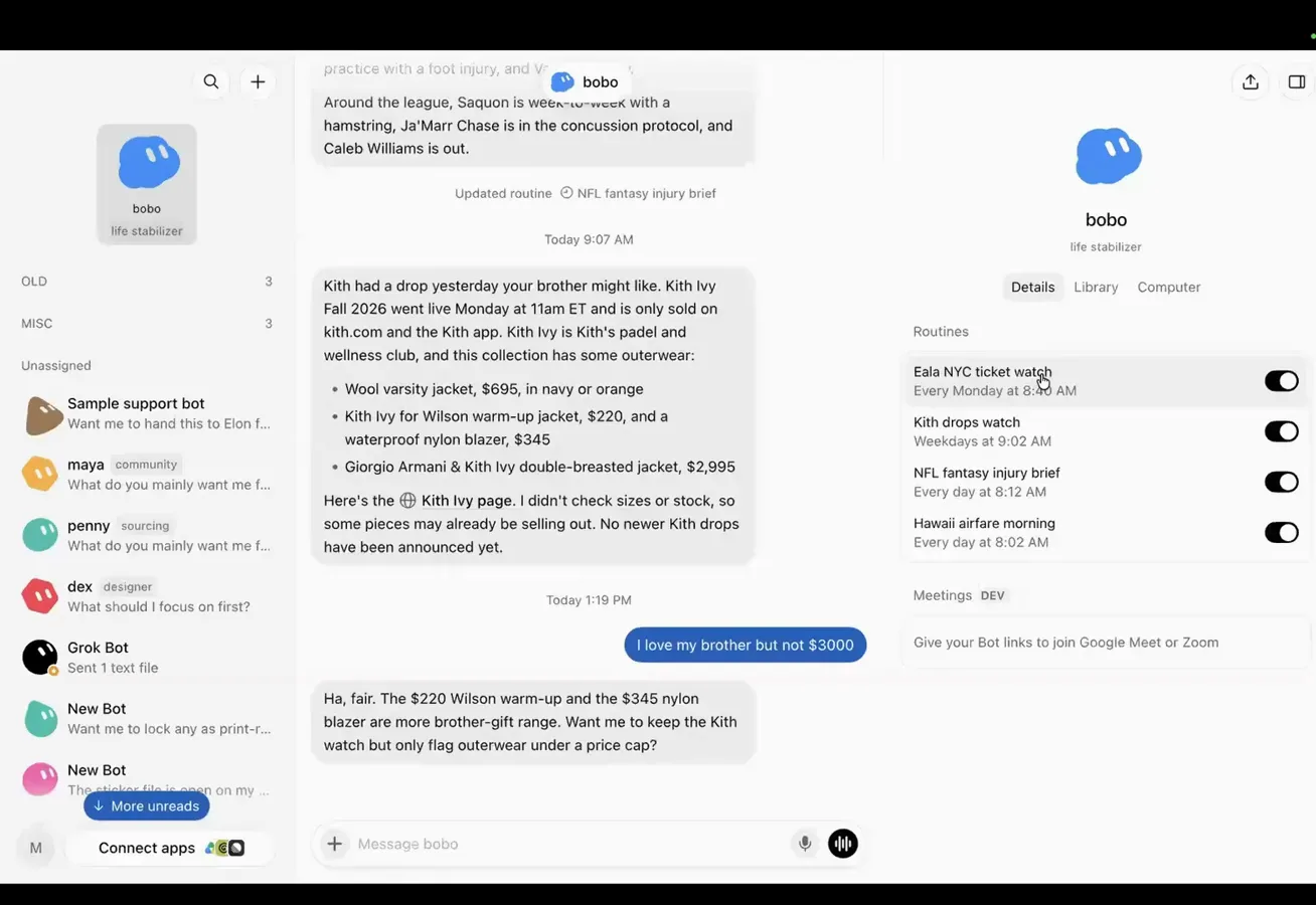 Grok Bot 中 Bobo 的个人资料页：例程列表含 Kith 新品盯梢和 NFL 伤病简报，旁边是 Kith 外套降价的对话
