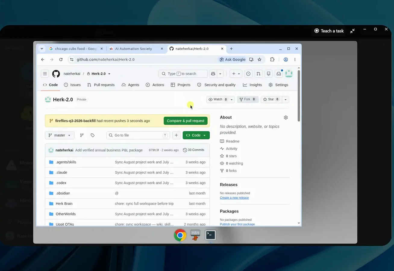 Grok Bot 云端浏览器里已登录的 GitHub 仓库页面，右上角带 Teach a task 按钮