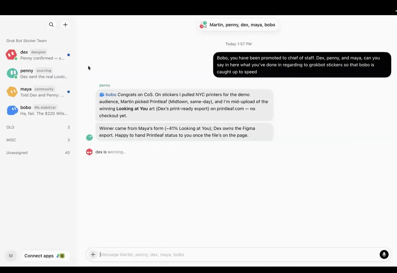 Grok Bot 群聊里 Bobo 被任命为 chief of staff，Penny 在回复中汇报贴纸印刷进度