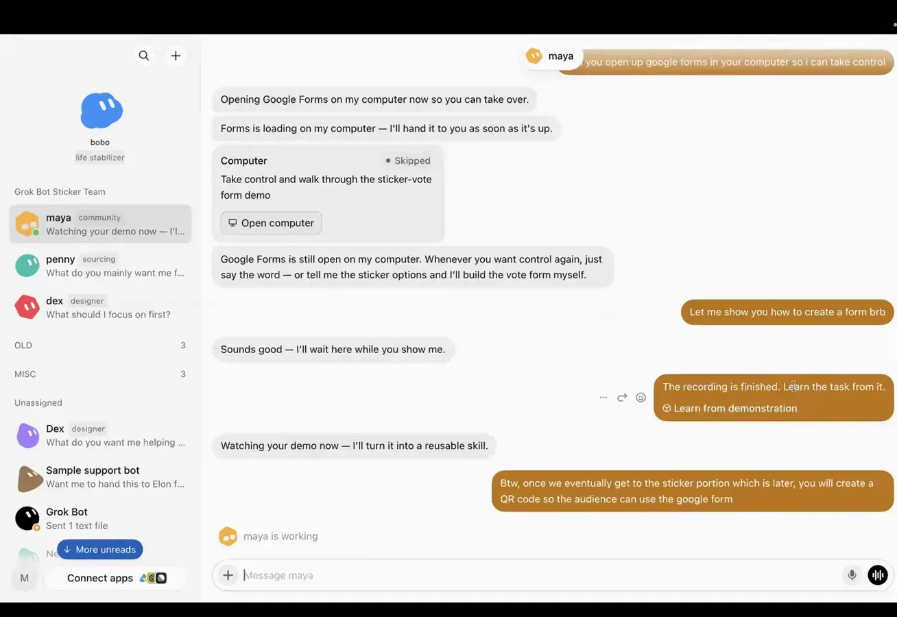 Grok Bot 聊天里刚结束的录屏演示：确认 Learn from demonstration 后，bot 正把它转成可复用技能