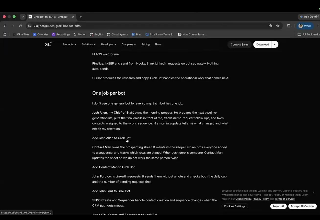 Grok Bot 官方指南的 One Job Per Bot 章节：晨间流程、客户管理、LinkedIn 请求各由一个专属 bot 负责