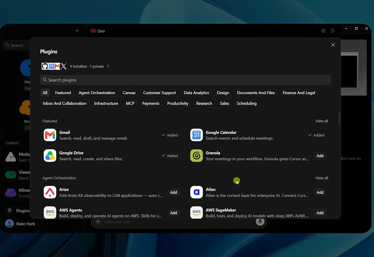 Grok Bot 插件市场页面：Gmail、Google Calendar、Google Drive 已标记 Added，Granola 与 AWS 系列可添加