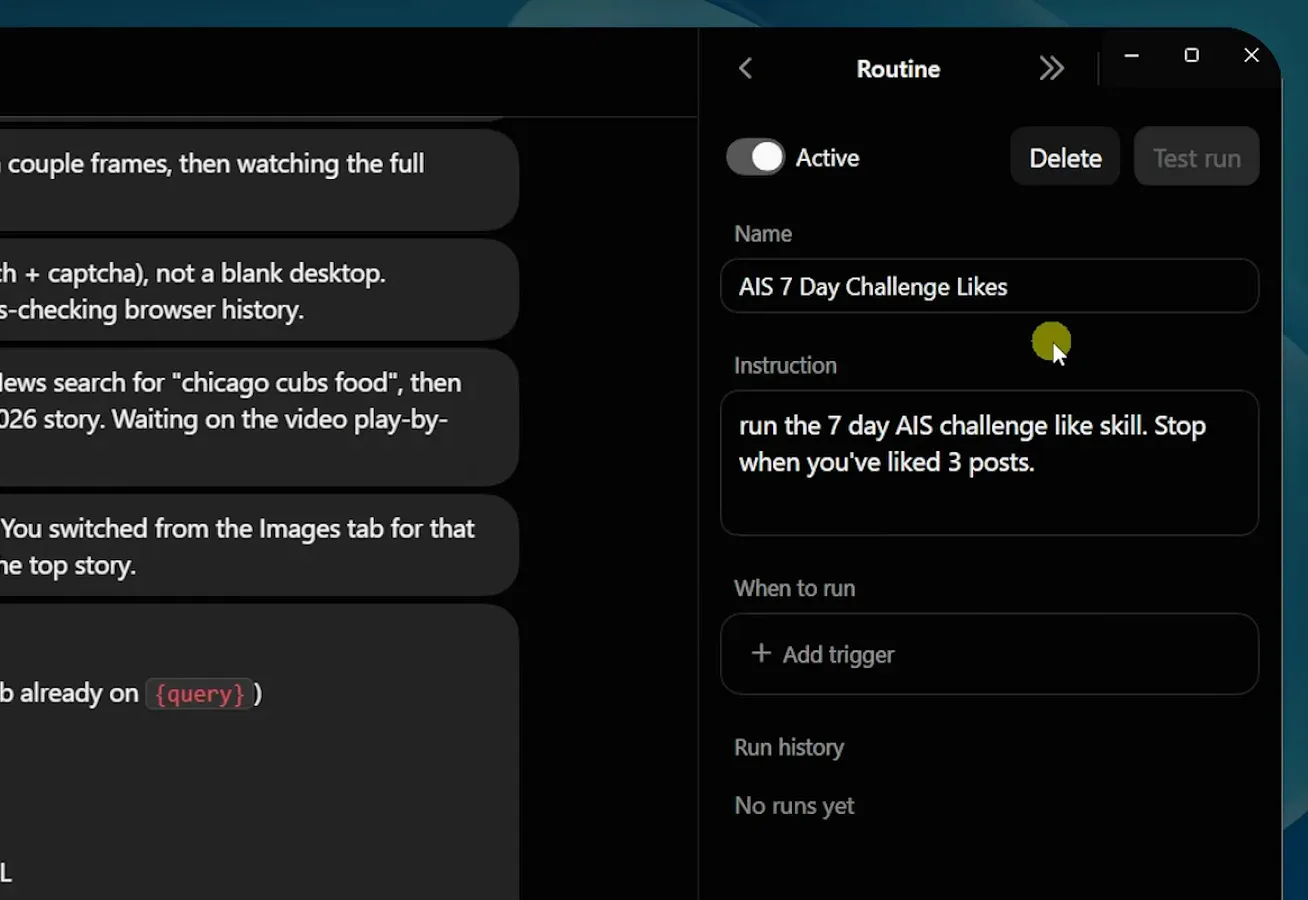 Grok Bot 例程编辑器：AIS 7 Day Challenge Likes 的技能指令、Add trigger 区域和空的运行历史
