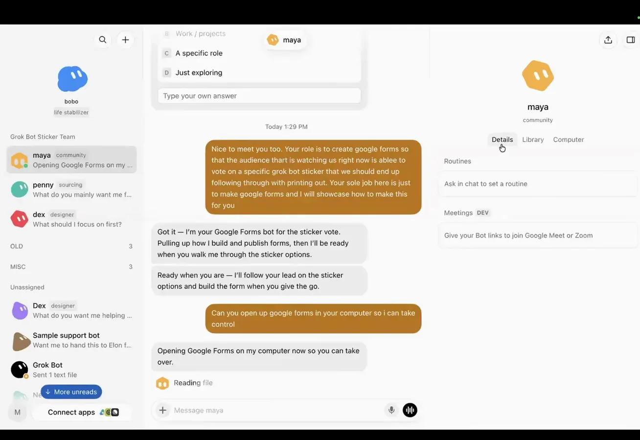 Grok Bot 提示接管它的电脑以完成 Google Forms 登录，表单正在 bot 屏幕上加载